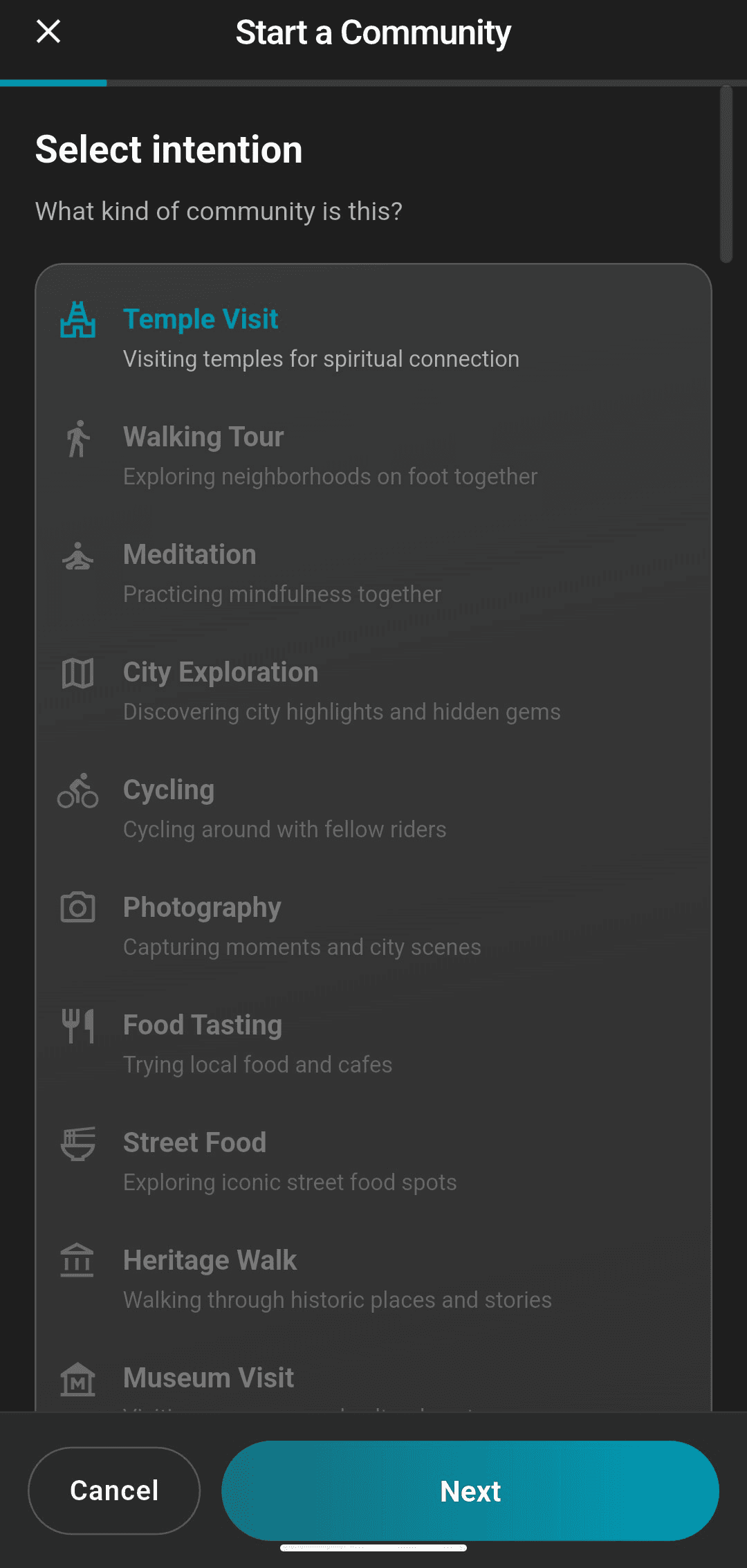 Start a community — select intention